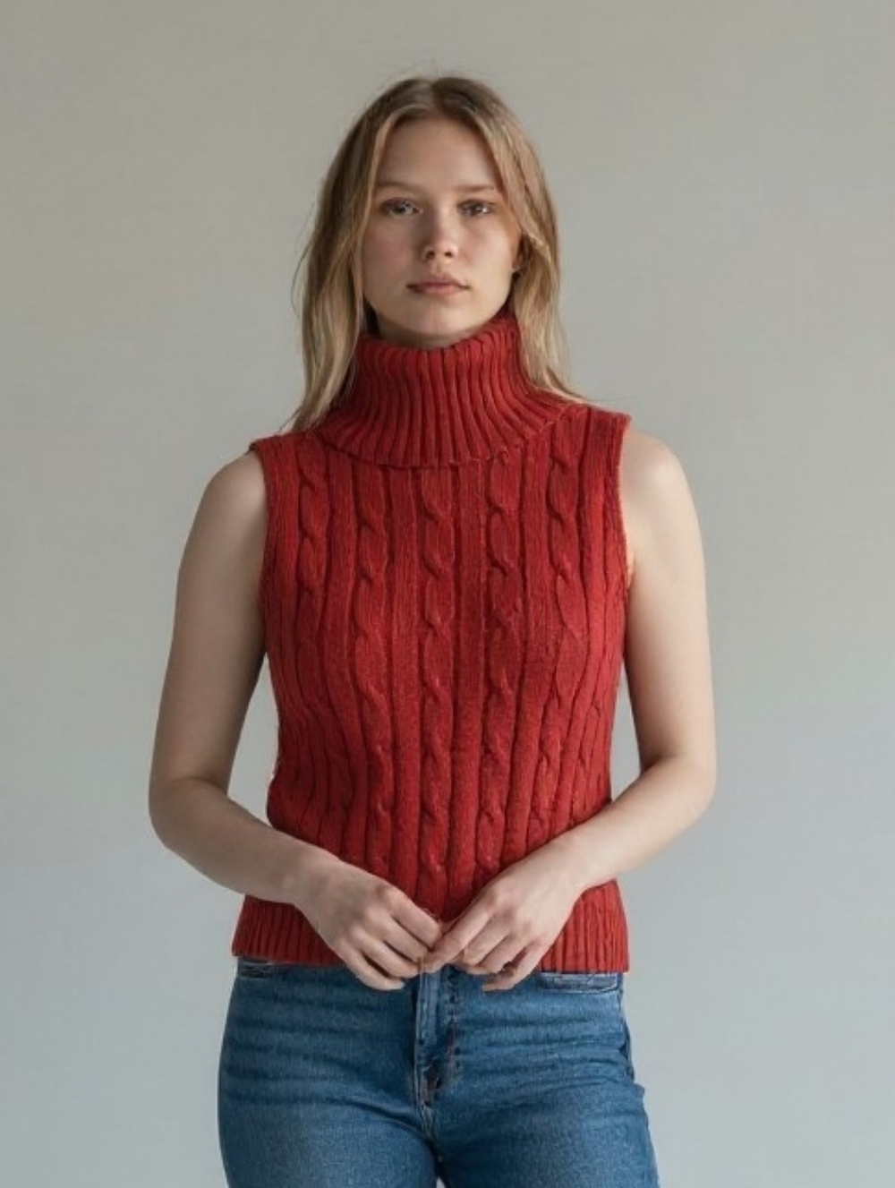 Brick Red Cable Knit Turtleneck Sleeveless Sweater